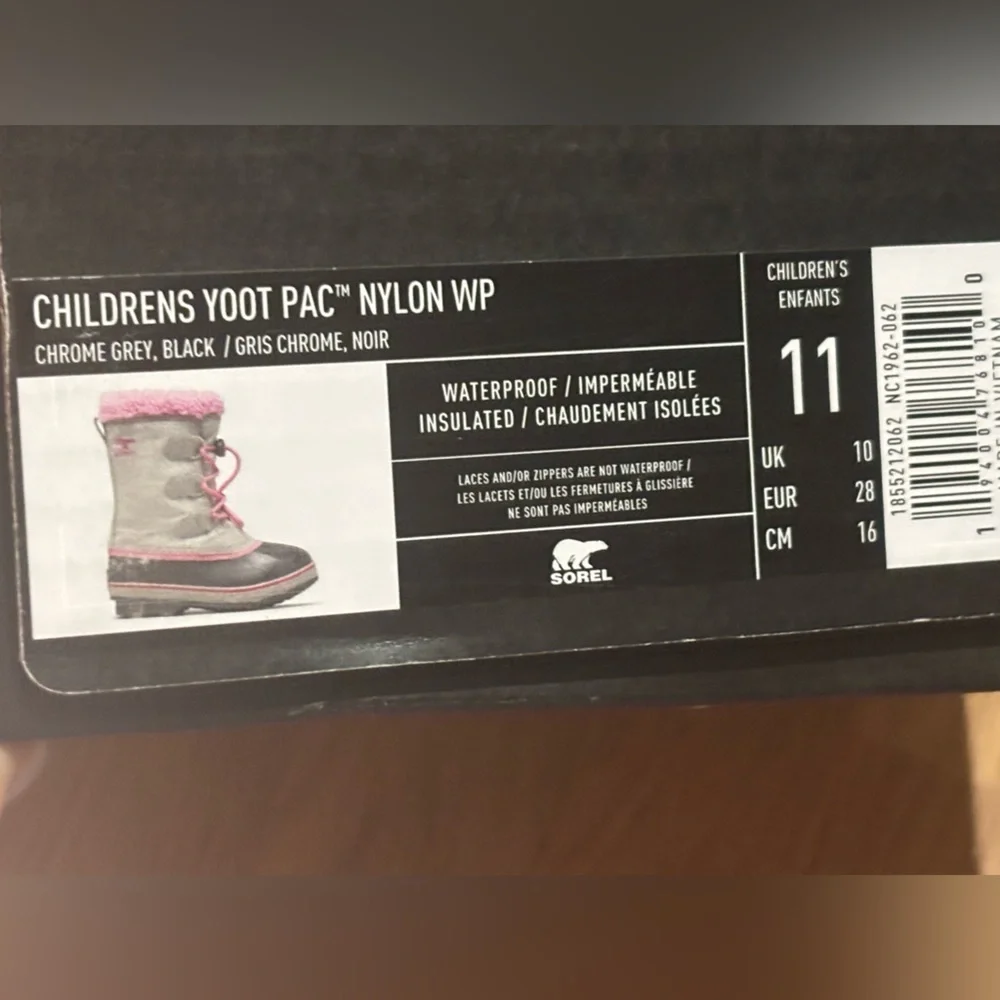 Sorel CHILDREN'S YOOT PAC™ NYLON BOOT Gray/Pink Little Kids Size 11